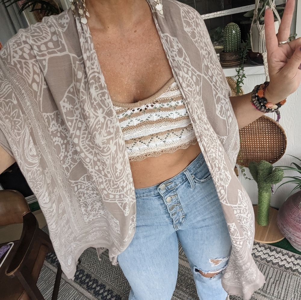 Breezy Lane OS Kimono Beachy Neutral Fringe  Hippie Cardigan Daisy Jones Vibes